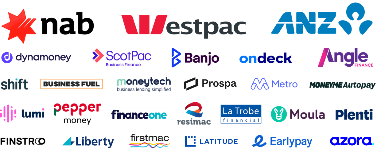Logos of Australian business and equipment finance lenders including NAB, Westpac, ANZ, Dynamoney, ScotPac, Banjo Loans, OnDeck, Angle Finance, Shift, Prospa, Pepper Money, Resimac, La Trobe Financial, Moula, Plenti, Liberty, Firstmac, Latitude Financial, Azora