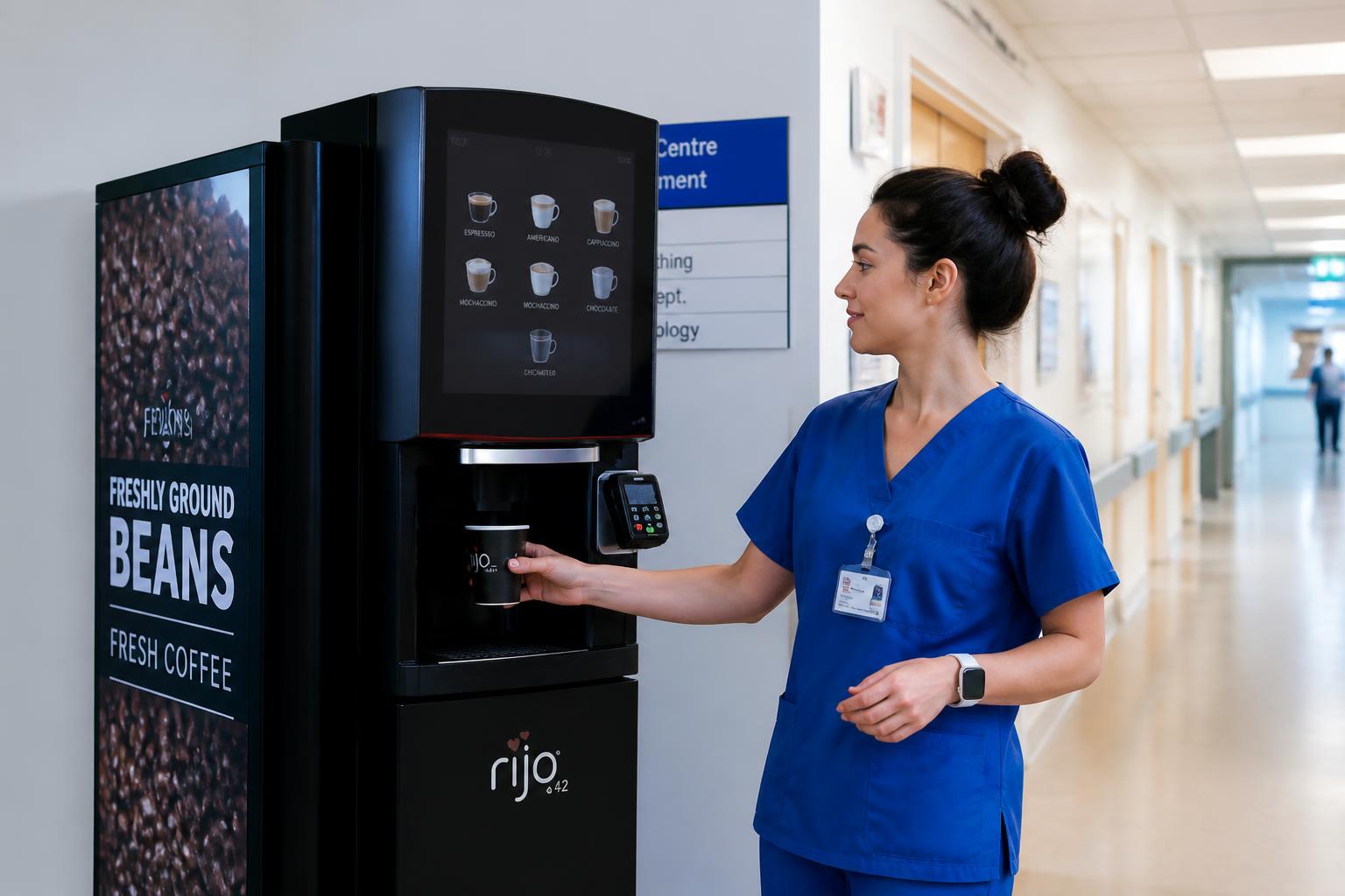 Nurse in scrubs collecting a coffee from a bean-to-cup coffee vending machine with a card reader in a hospital corridor