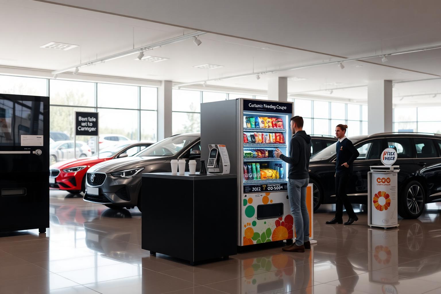 Customer making a coffee at a bean-to-cup coffee vending machine beside a snack machine in a car dealership showroom lounge