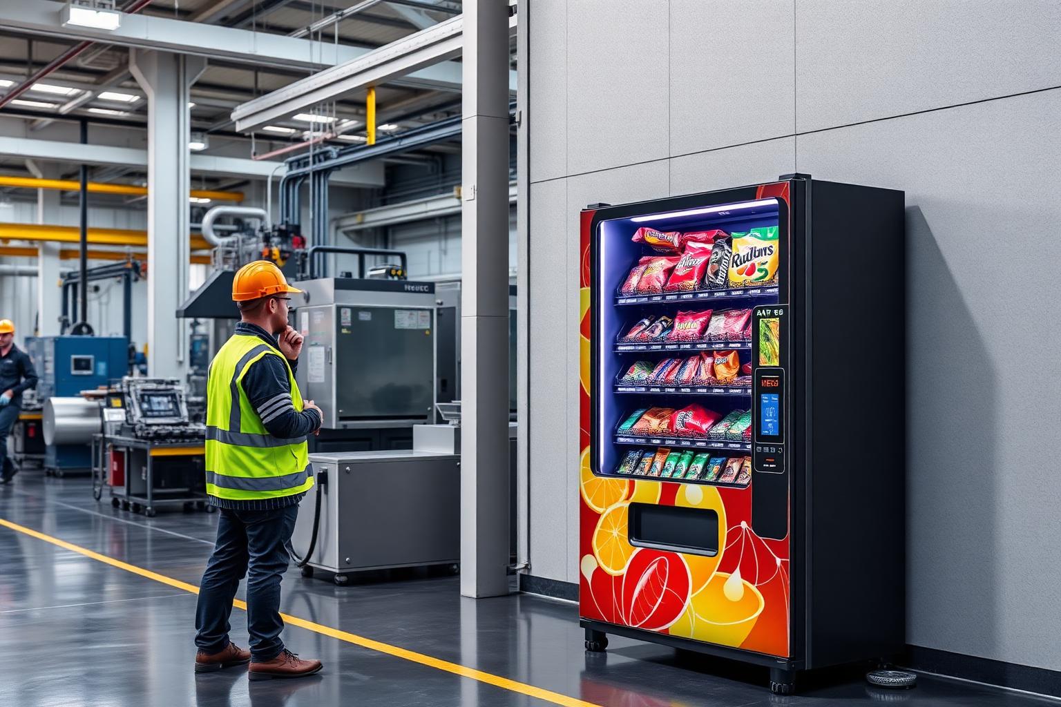 Worker in a high-vis vest and hard hat standing at a combination snack and drink vending machine with a card reader on a manufacturing plant floor