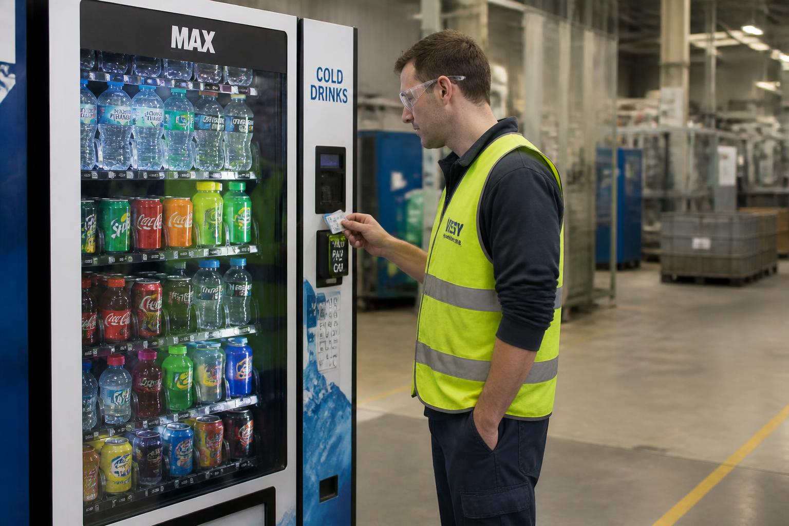 Factory worker in a high-vis vest tapping a bank card on the contactless reader of a cold drinks vending machine on a manufacturing floor