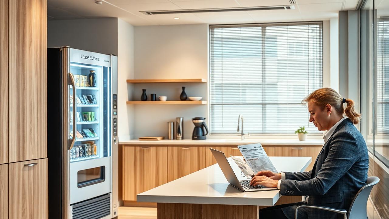 Office kitchen vending machine with a finance lease schedule open on a laptop