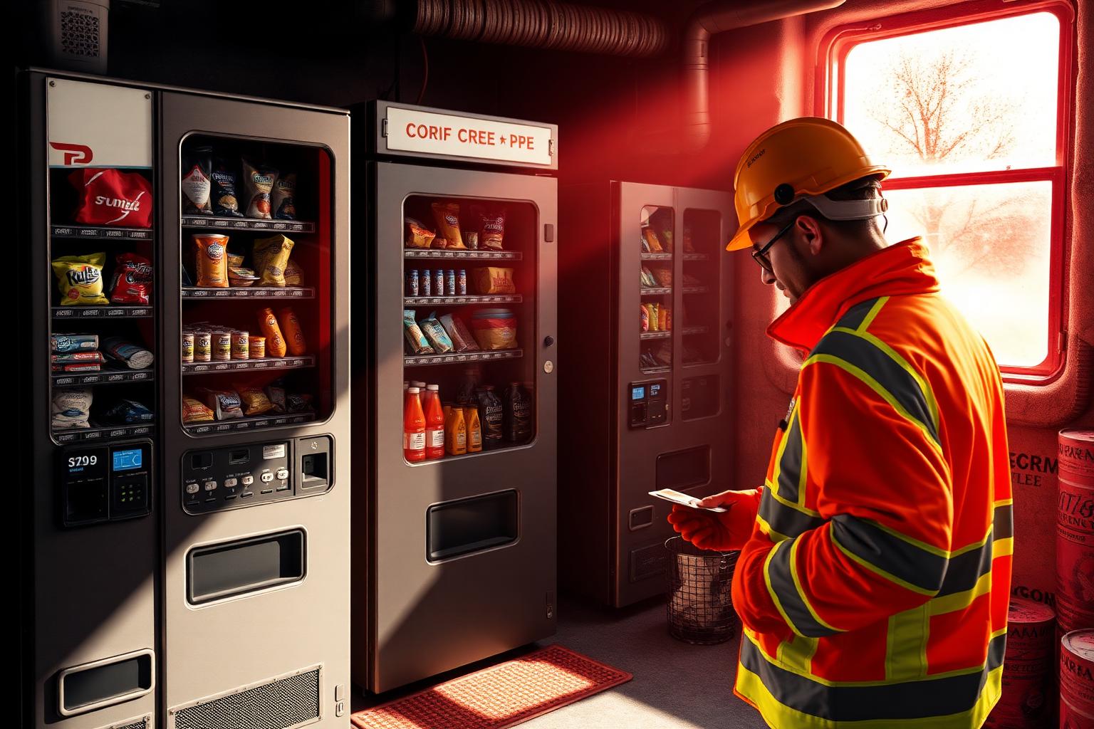Mine worker in orange high-vis collecting gloves from a heavy-duty PPE vending machine beside snack and drink machines in a mine site crib room