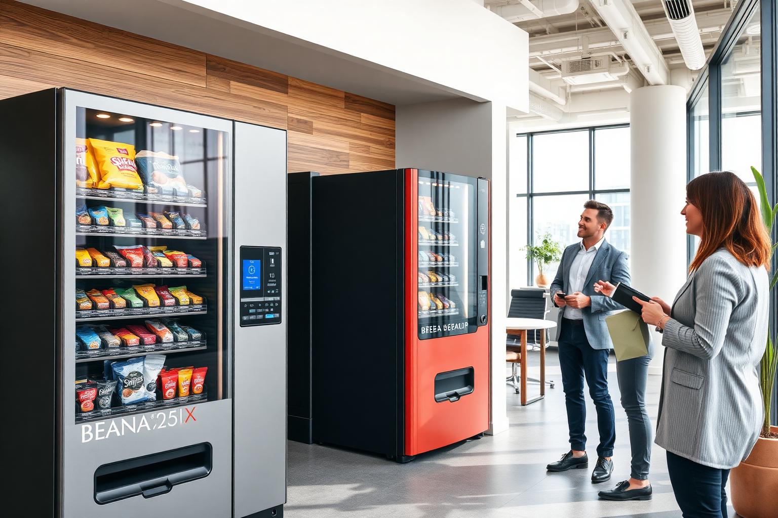 Two staff beside a glass-front snack vending machine with a contactless card reader and a coffee vending machine in a modern open-plan office breakout area