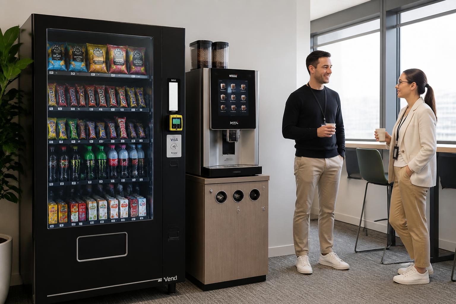 Free-standing combination snack and drink vending machine with a contactless card reader beside a bean-to-cup coffee machine in an office breakout room