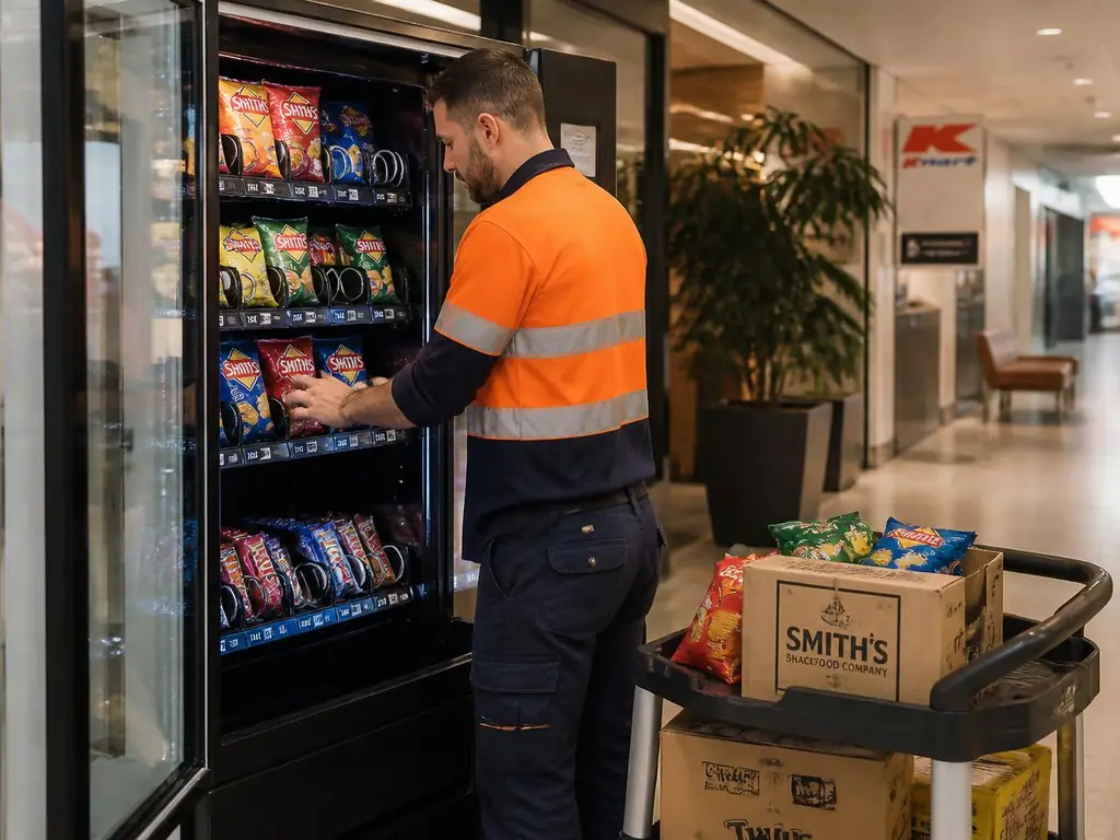 Vending operator restocking a snack machine with a trolley of stock