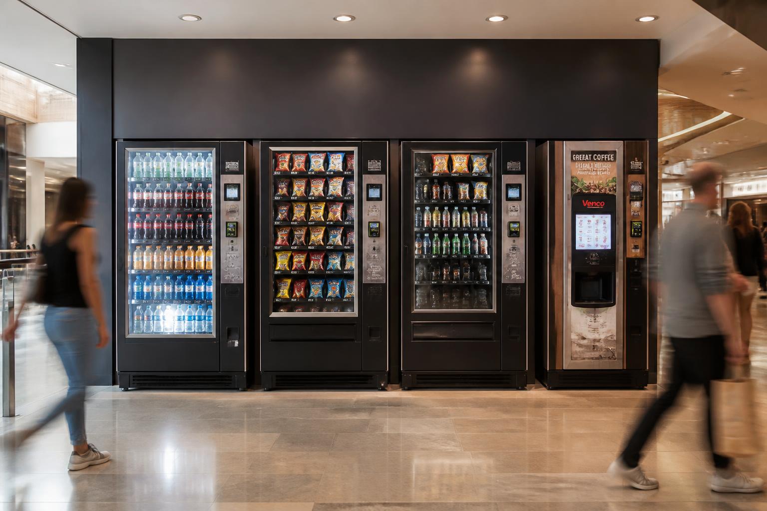 Row of drink, snack, combination and coffee vending machines with card readers in a shopping centre alcove with shoppers walking past