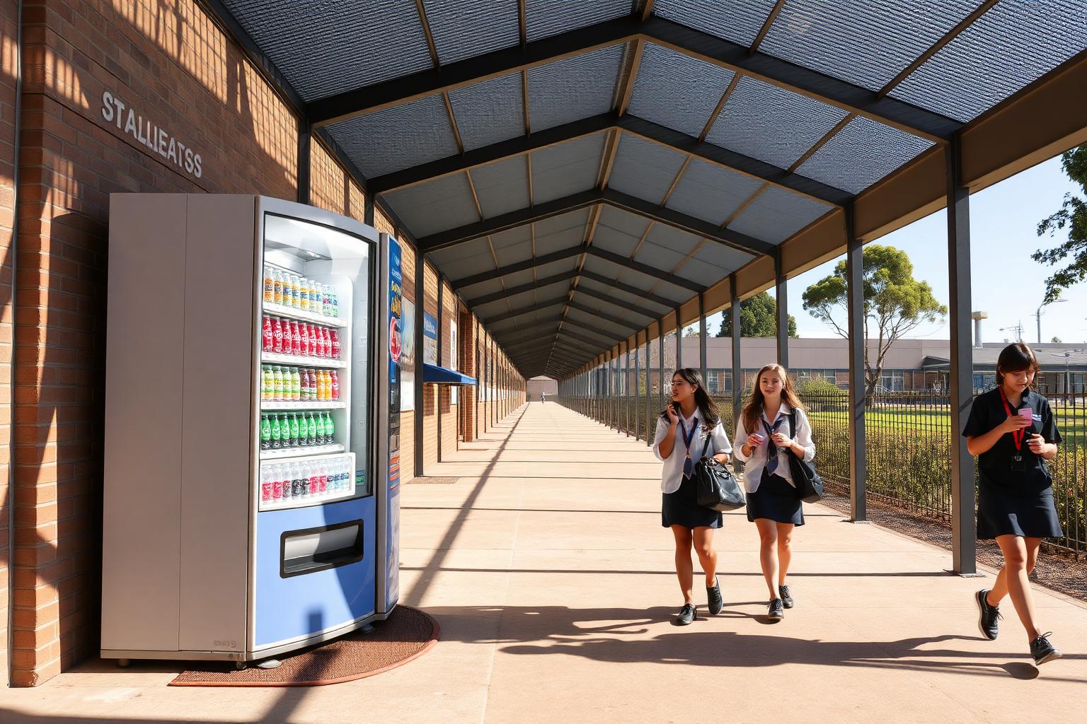 Students in uniform walking past a chilled drinks vending machine with a contactless card reader under a covered school walkway