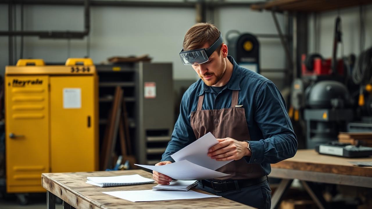 Business owner reviewing secured equipment loan paperwork in a workshop